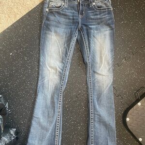 Miss Me Blue Boot Cut Jeans with Distressing and Contrast Stitching